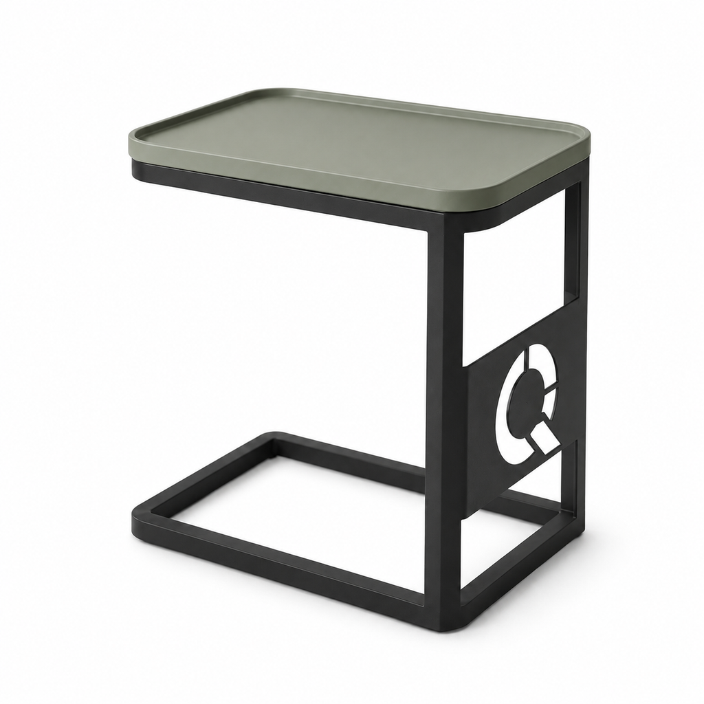 ZUNQEVARO ARC C-Shaped Outdoor Side Table, Metal Frame Patio Drink Table with Raised-Edge Top for Balcony, Porch, Deck and Small Spaces