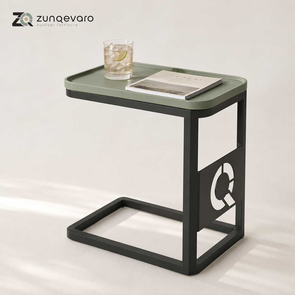 ZUNQEVARO ARC C-Shaped Outdoor Side Table, Metal Frame Patio Drink Table with Raised-Edge Top for Balcony, Porch, Deck and Small Spaces