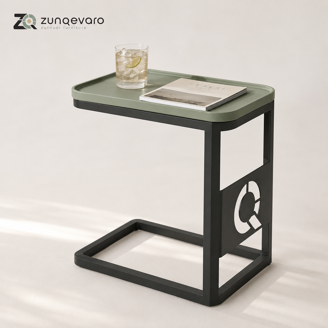 ZUNQEVARO ARC C-Shaped Outdoor Side Table, Metal Frame Patio Drink Table with Raised-Edge Top for Balcony, Porch, Deck and Small Spaces