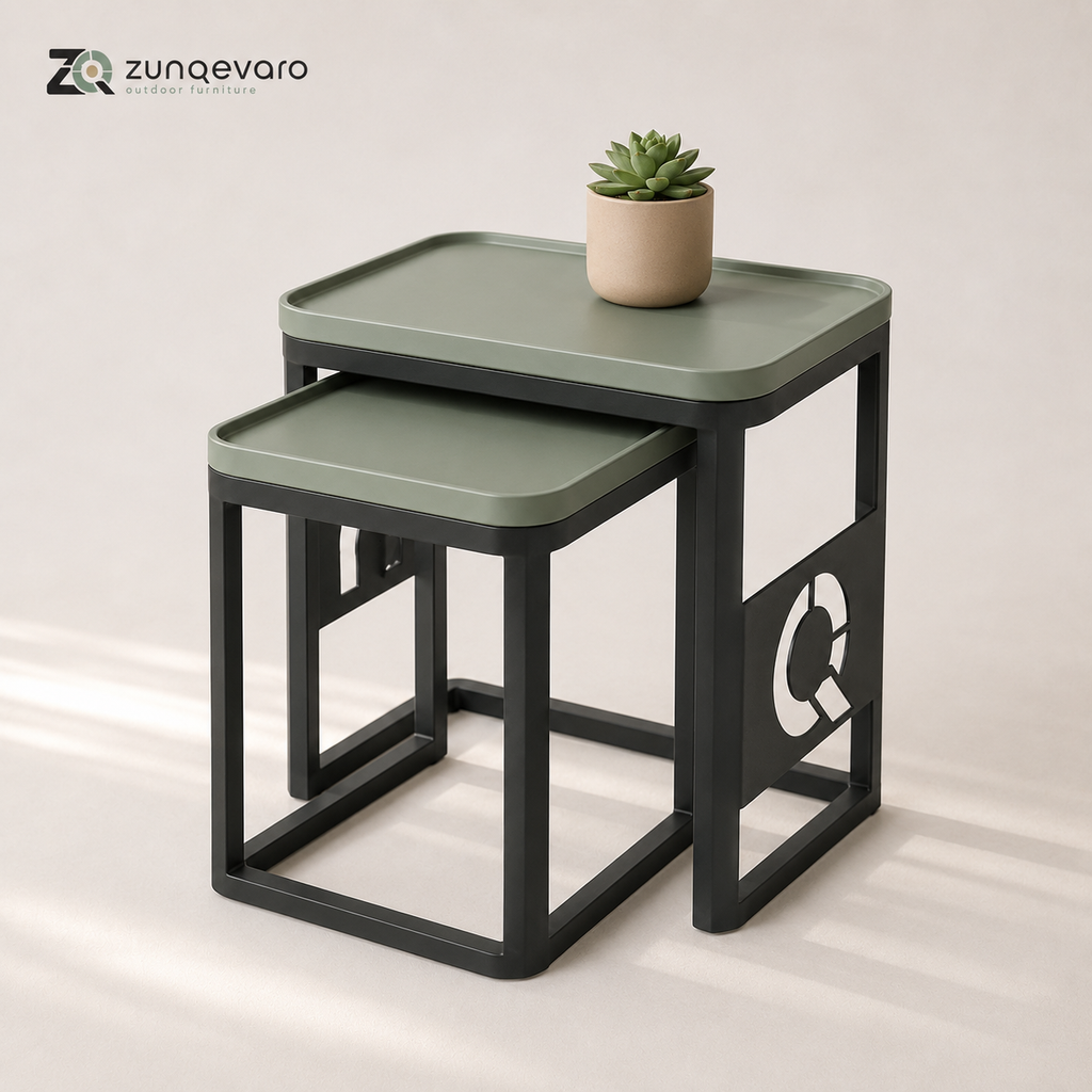 ZUNQEVARO ARC 2-Piece Nesting Outdoor Side Table Set, Metal Frame Patio Accent Tables with Raised-Edge Tops for Balcony, Porch and Deck