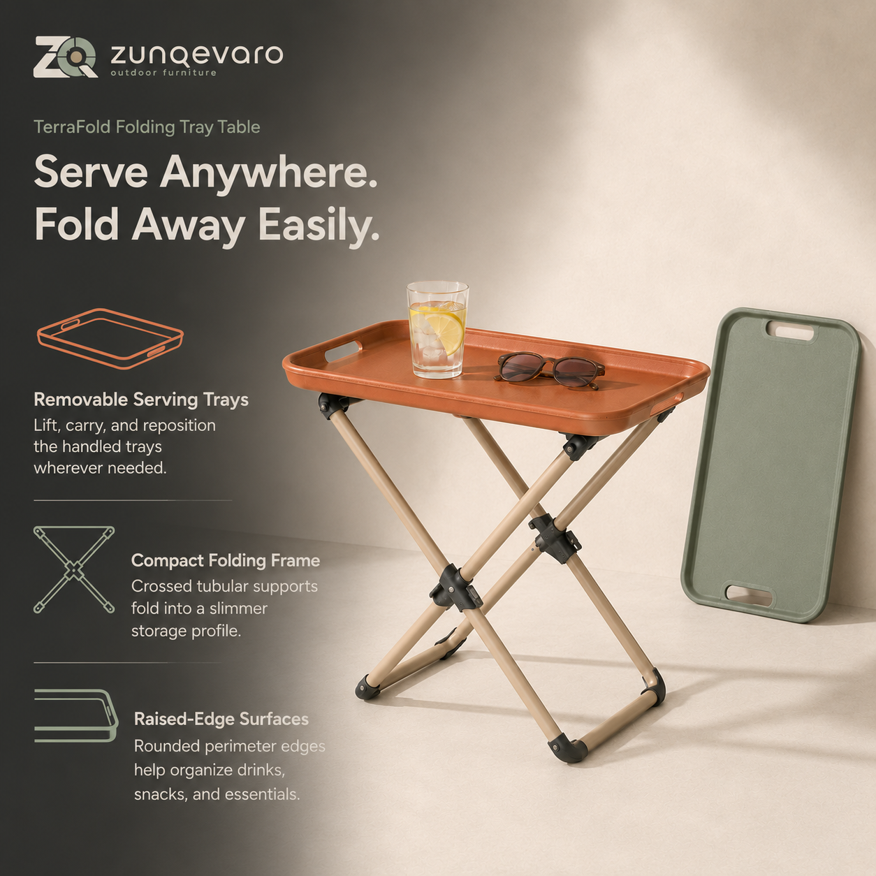 ZUNQEVARO TerraFold Folding Outdoor Tray Table with Tubular Metal Frame and Removable Serving Trays for Camping, Patio, Balcony and Picnics