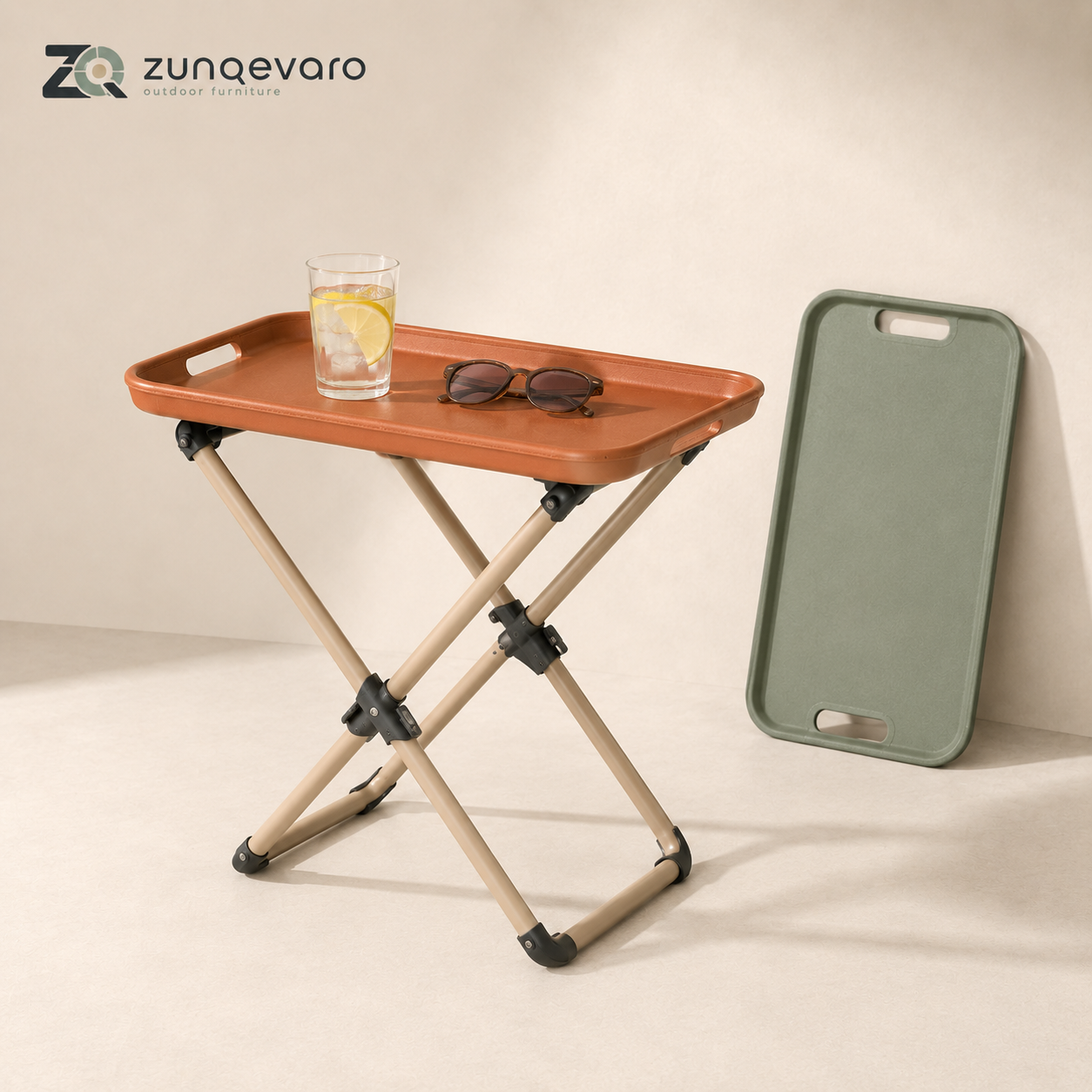 ZUNQEVARO TerraFold Folding Outdoor Tray Table with Tubular Metal Frame and Removable Serving Trays for Camping, Patio, Balcony and Picnics