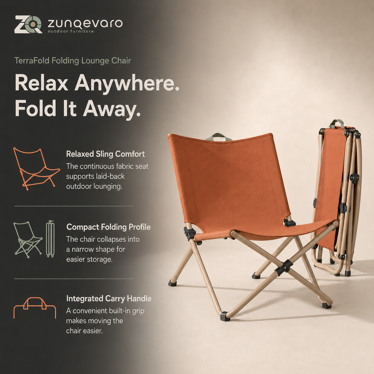 ZUNQEVARO TerraFold Folding Outdoor Lounge Chair, Fabric Sling Seat with Tubular Metal Frame and Carry Handle for Camping, Patio, Beach and Deck