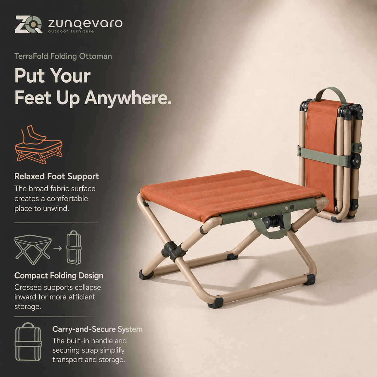 ZUNQEVARO TerraFold Folding Outdoor Ottoman, Fabric Footrest with Tubular Metal Frame, Carry Handle and Compact Storage for Camping, Patio and Deck