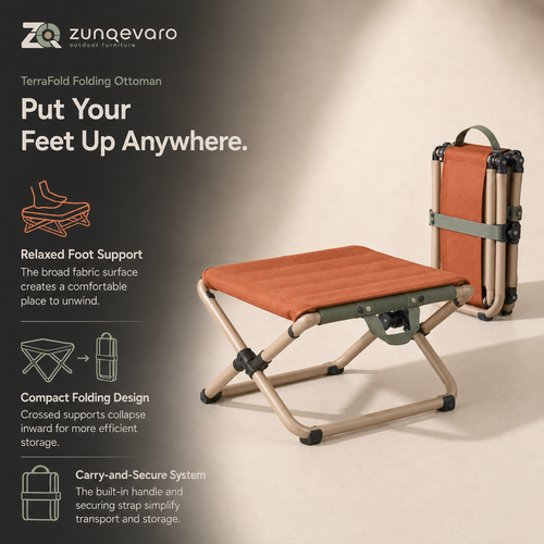 ZUNQEVARO TerraFold Folding Outdoor Ottoman, Fabric Footrest with Tubular Metal Frame, Carry Handle and Compact Storage for Camping, Patio and Deck