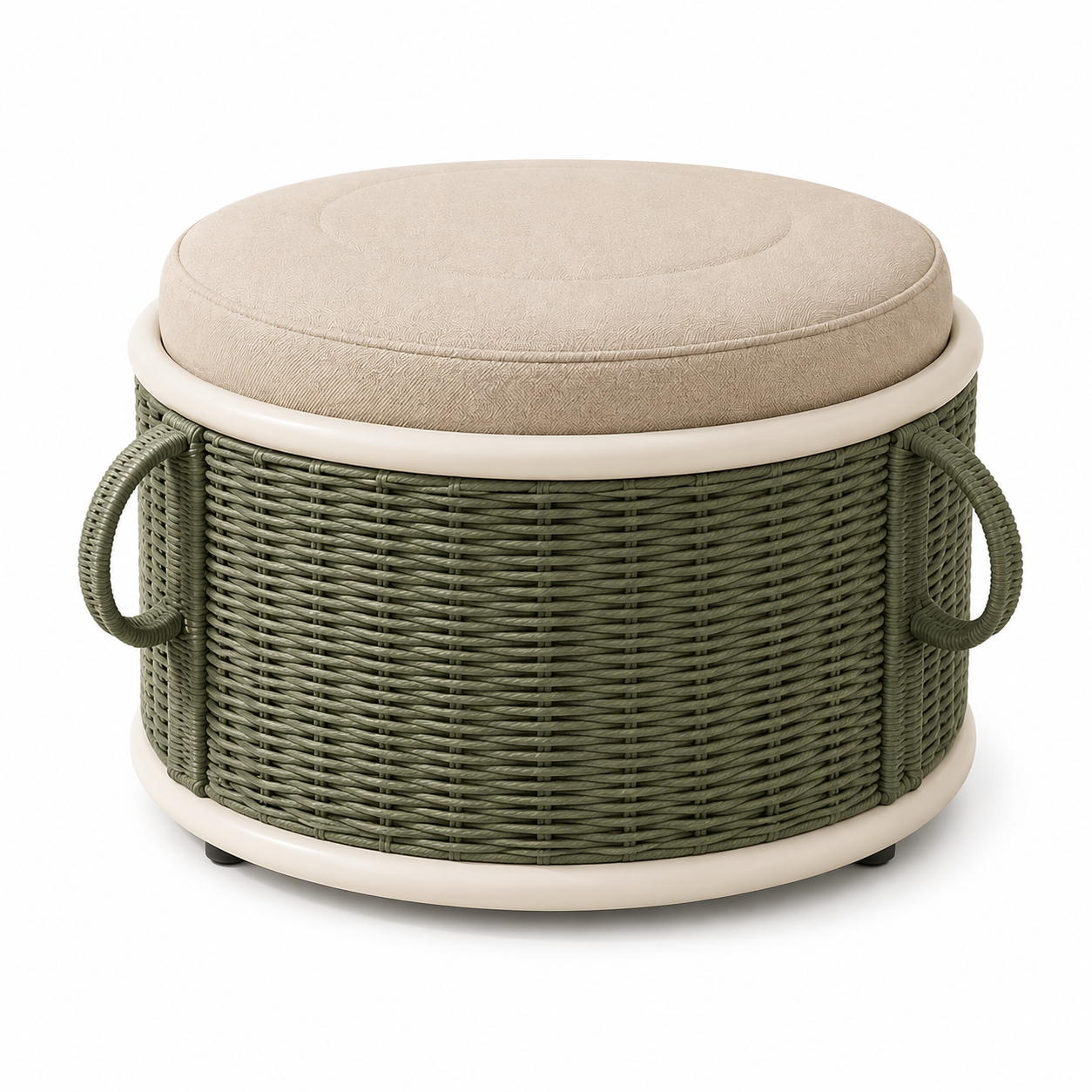 ZUNQEVARO LOOP Round Outdoor Ottoman with Woven Rope Base, Cushioned Seat, Side Handles and Compact Profile for Balconies, Patios and Porches