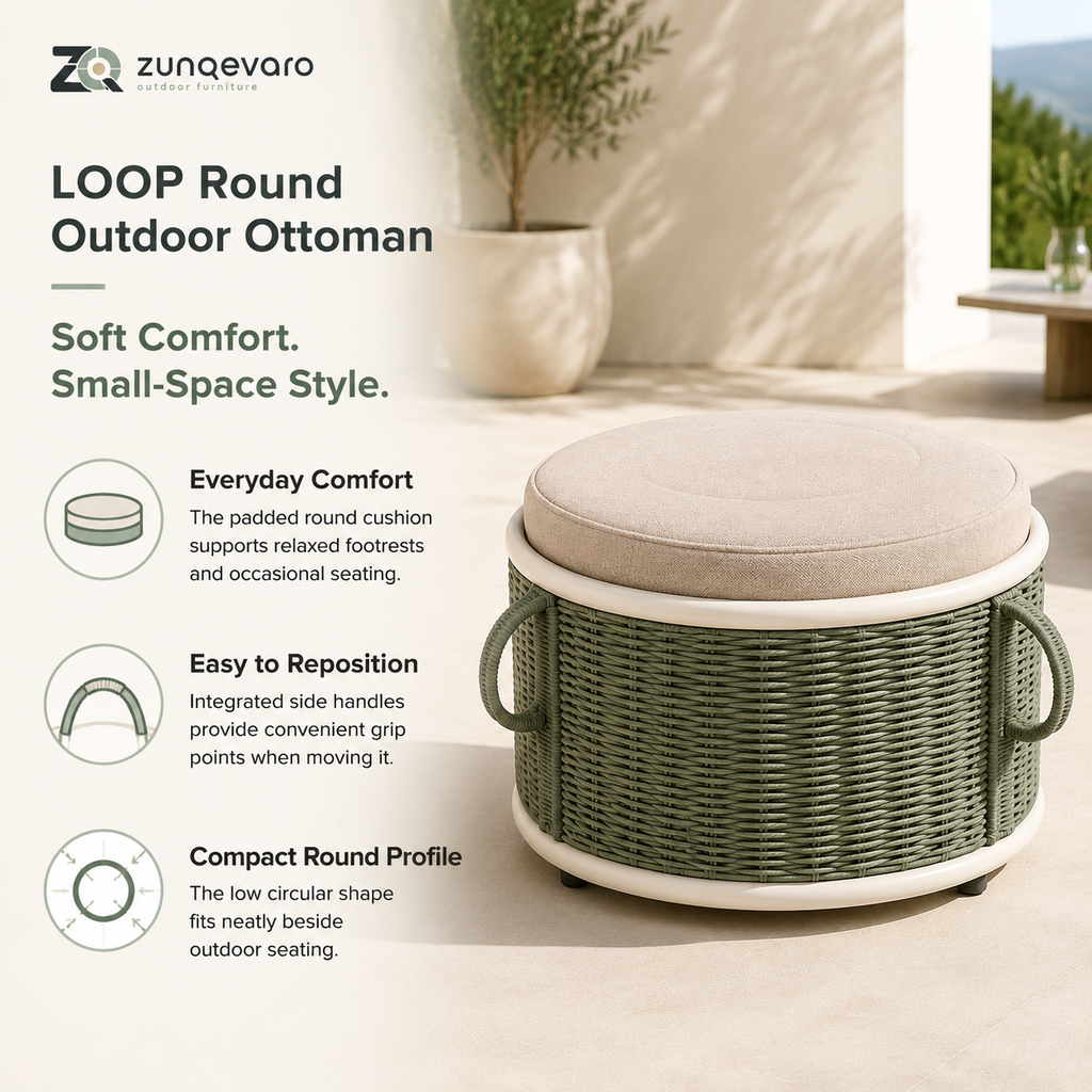 ZUNQEVARO LOOP Round Outdoor Ottoman with Woven Rope Base, Cushioned Seat, Side Handles and Compact Profile for Balconies, Patios and Porches