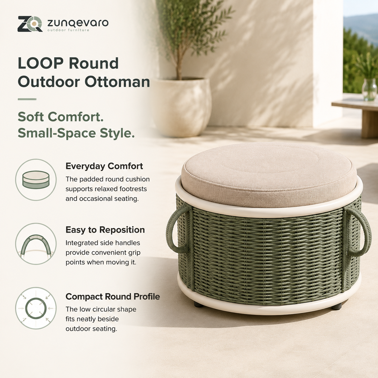 ZUNQEVARO LOOP Round Outdoor Ottoman with Woven Rope Base, Cushioned Seat, Side Handles and Compact Profile for Balconies, Patios and Porches