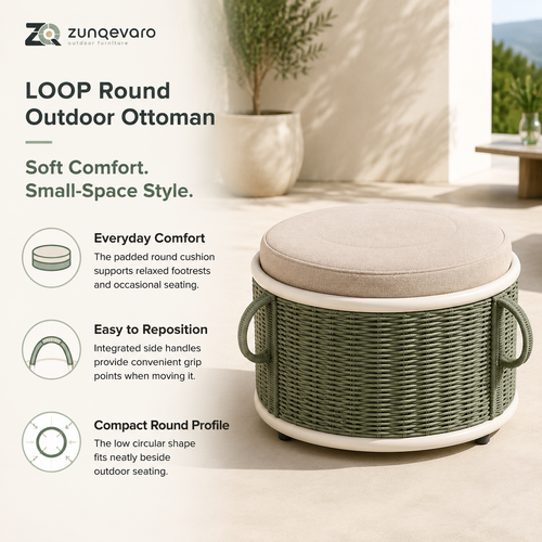 ZUNQEVARO LOOP Round Outdoor Ottoman with Woven Rope Base, Cushioned Seat, Side Handles and Compact Profile for Balconies, Patios and Porches