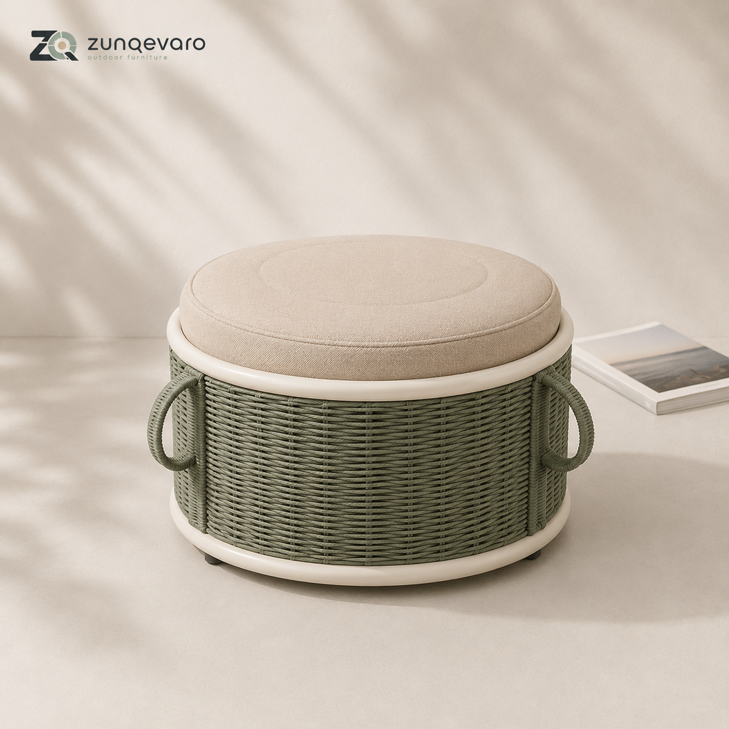 ZUNQEVARO LOOP Round Outdoor Ottoman with Woven Rope Base, Cushioned Seat, Side Handles and Compact Profile for Balconies, Patios and Porches