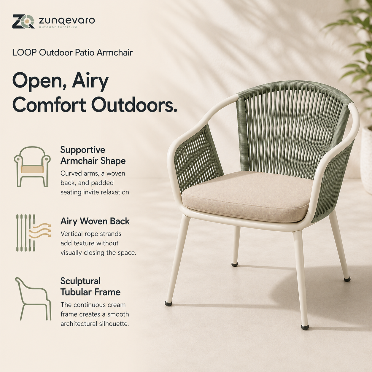 ZUNQEVARO LOOP Outdoor Patio Armchair with Woven Rope Back, Tubular Frame and Seat Cushion for Balcony, Porch, Deck and Garden Seating