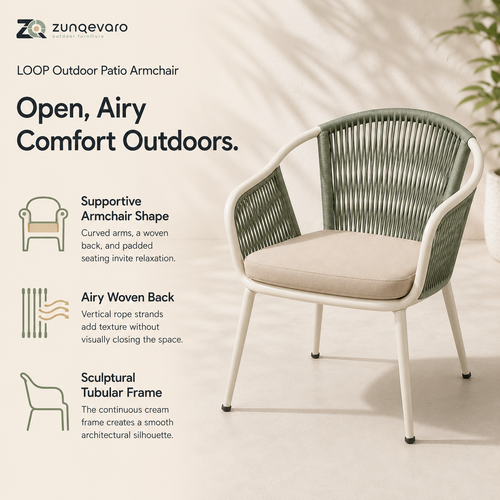 ZUNQEVARO LOOP Outdoor Patio Armchair with Woven Rope Back, Tubular Frame and Seat Cushion for Balcony, Porch, Deck and Garden Seating