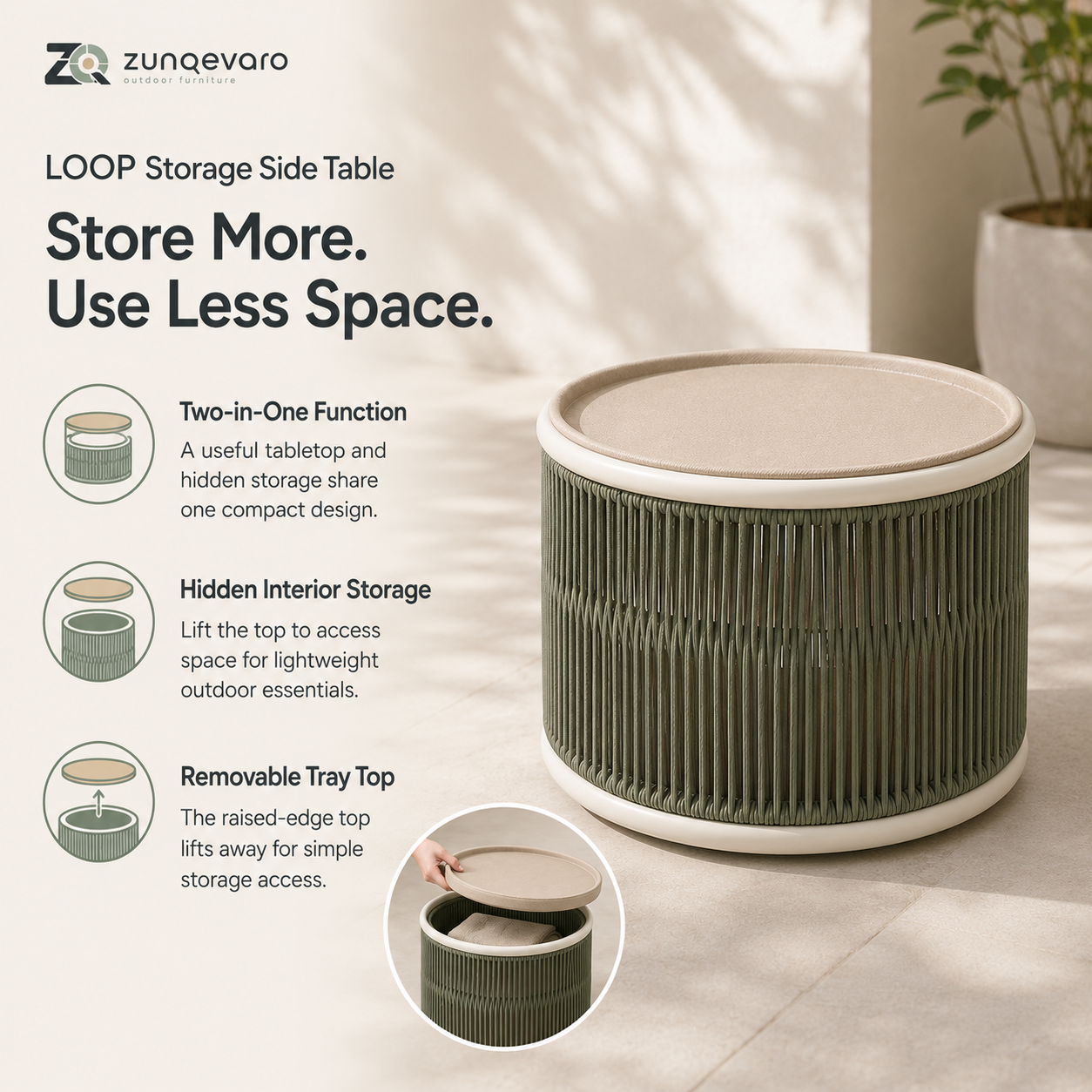ZUNQEVARO LOOP Round Outdoor Storage Side Table with Woven Rope Drum Base, Removable Tray Top and Hidden Storage for Balcony, Patio and Porch