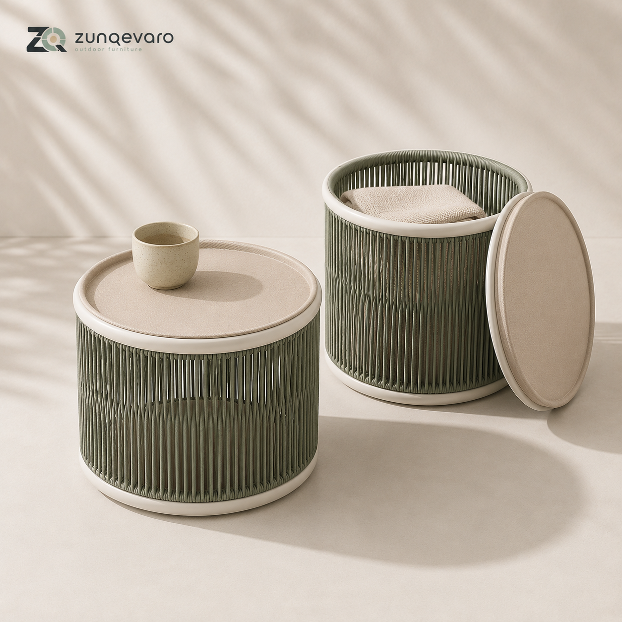 ZUNQEVARO LOOP Round Outdoor Storage Side Table with Woven Rope Drum Base, Removable Tray Top and Hidden Storage for Balcony, Patio and Porch