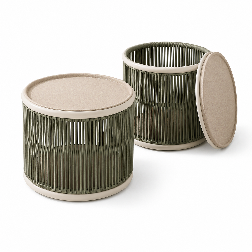 ZUNQEVARO LOOP Round Outdoor Storage Side Table with Woven Rope Drum Base, Removable Tray Top and Hidden Storage for Balcony, Patio and Porch